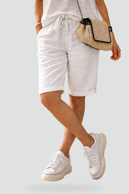 Effortless Linen Bermuda Shorts for Women with High Waist Drawstring Cuffed Hem Relaxed Style