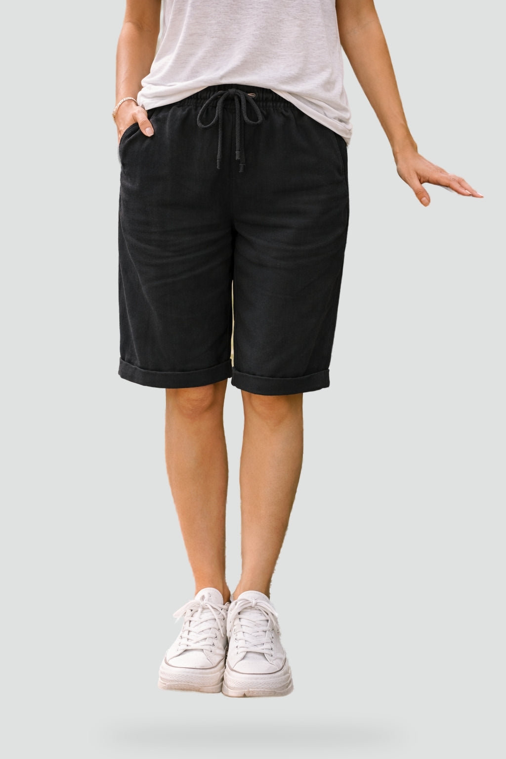 Effortless Linen Bermuda Shorts for Women with High Waist Drawstring Cuffed Hem Relaxed Style