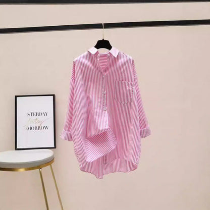 Effortless Striped Button Down Blouses for Women with Collared Long Sleeve Relaxed Oversized Style