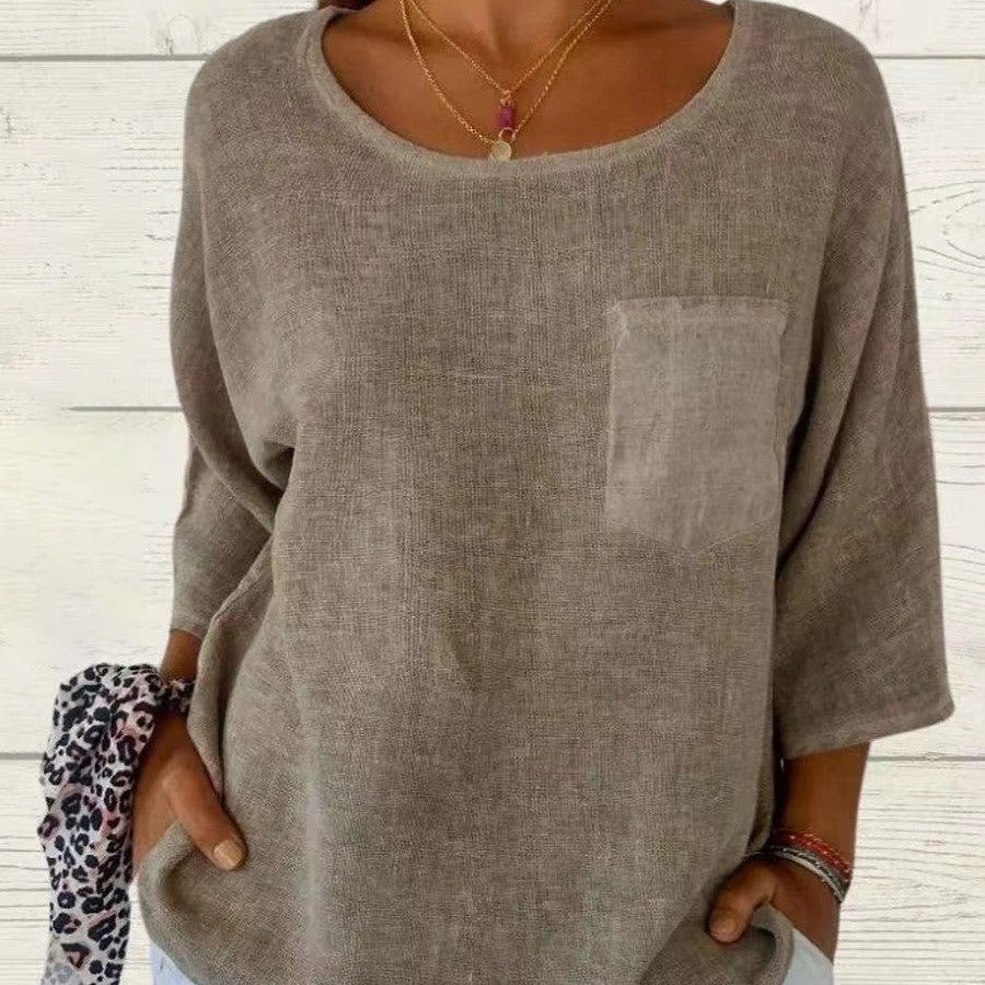Comfortable Tunic Blouses for Women with Round Neck Elbow Sleeve Relaxed Pocket Knit Style