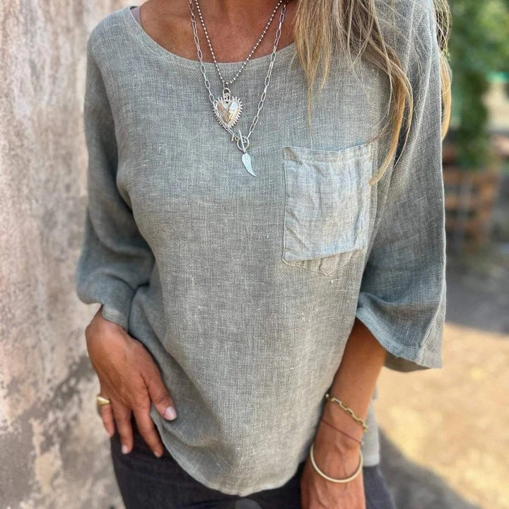 Comfortable Tunic Blouses for Women with Round Neck Elbow Sleeve Relaxed Pocket Knit Style