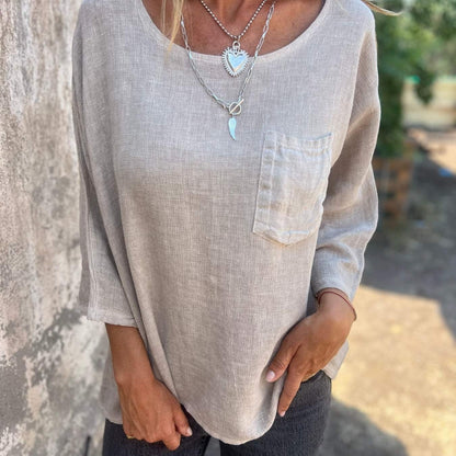 Comfortable Tunic Blouses for Women with Round Neck Elbow Sleeve Relaxed Pocket Knit Style
