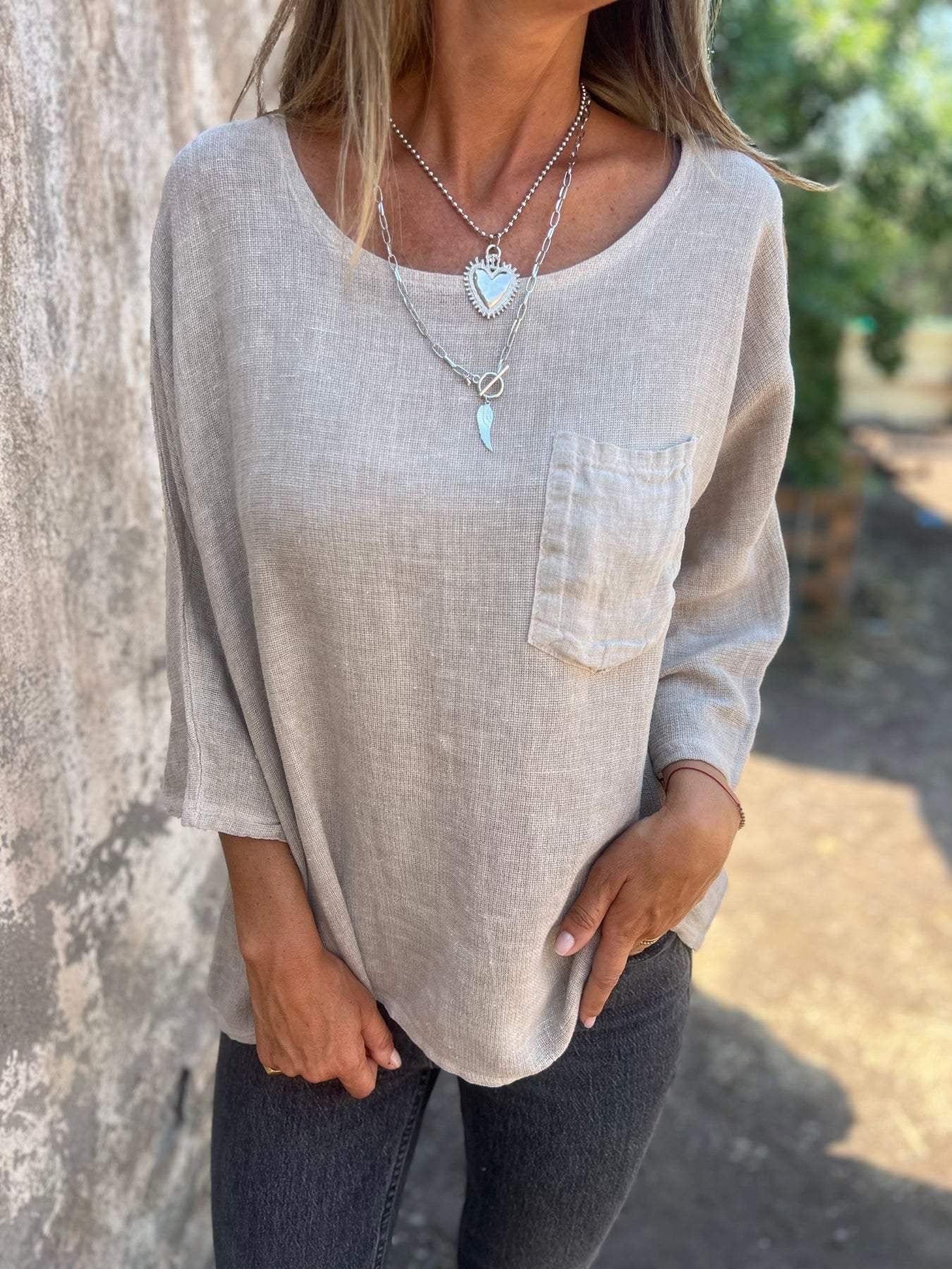 Comfortable Tunic Blouses for Women with Round Neck Elbow Sleeve Relaxed Pocket Knit Style