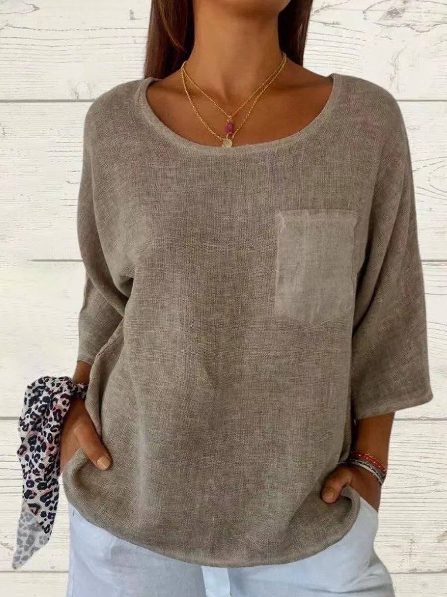 Comfortable Tunic Blouses for Women with Round Neck Elbow Sleeve Relaxed Pocket Knit Style