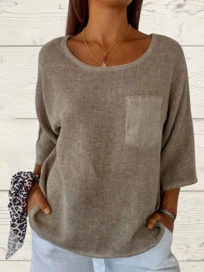 Comfortable Tunic Blouses for Women with Round Neck Elbow Sleeve Relaxed Pocket Knit Style