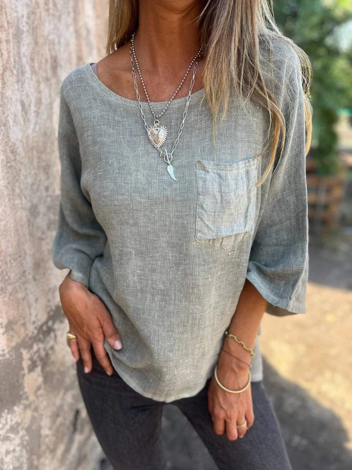 Comfortable Tunic Blouses for Women with Round Neck Elbow Sleeve Relaxed Pocket Knit Style
