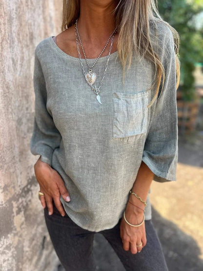 Comfortable Tunic Blouses for Women with Round Neck Elbow Sleeve Relaxed Pocket Knit Style