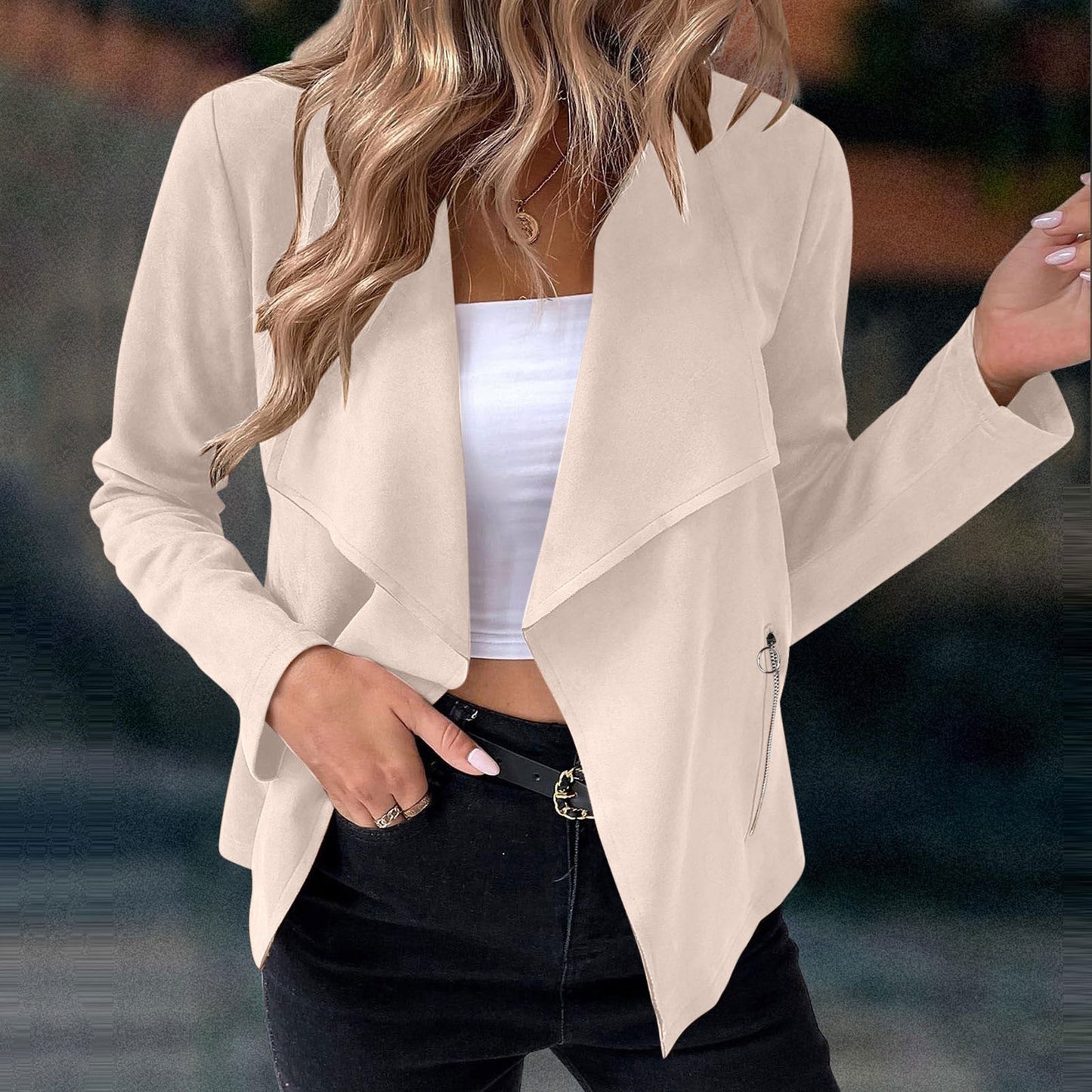 Elegant Waterfall Jacket for Women with Open Front Long Sleeve Cropped Blazer Style