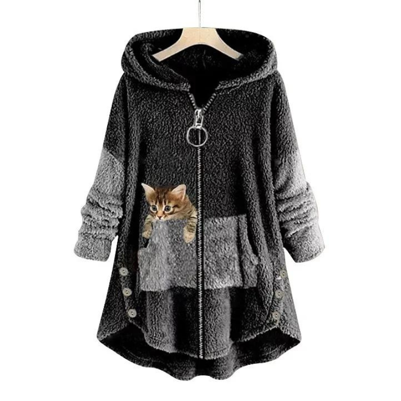 Comfortable Gray Fleece Hooded Jacket for Women with Zip Front Long Sleeve Cat Print High Low Casual Style