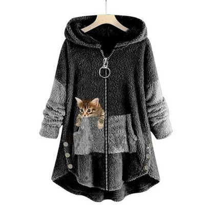 Comfortable Gray Fleece Hooded Jacket for Women with Zip Front Long Sleeve Cat Print High Low Casual Style