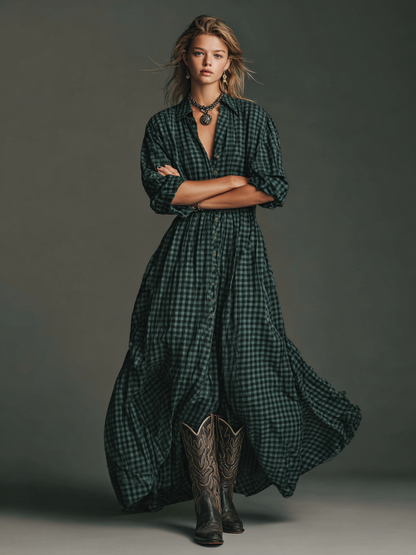 Effortless Plaid Shirt Dress for Women with Collar Button Front Long Sleeve Oversized Casual Maxi Style
