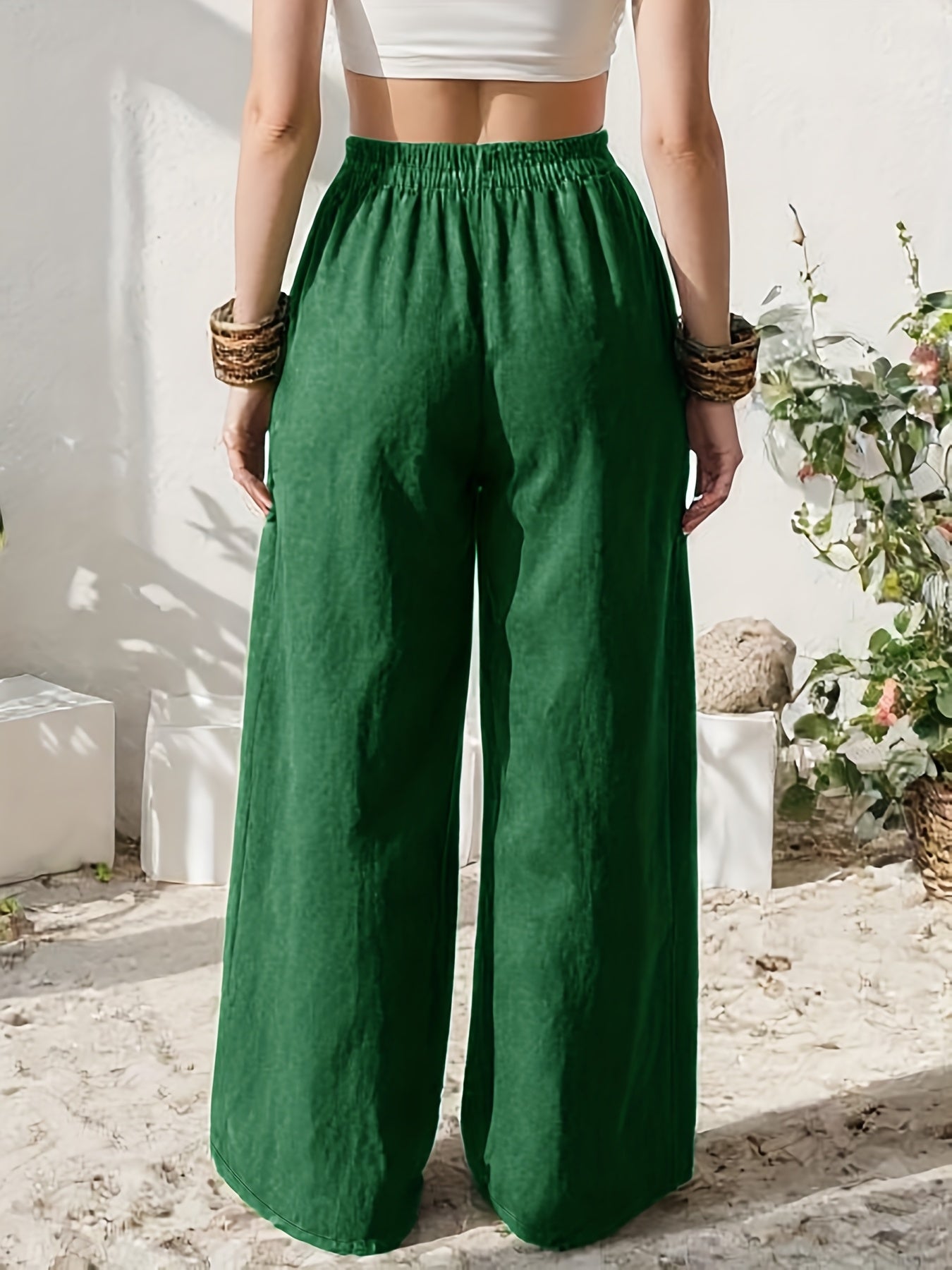Effortless Linen Wide Leg Pants for Women with High Waist Pocket Flowing Relaxed Casual Style