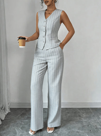 Elegant Grey Pinstripe Chino Pants Two Piece Set for Women with V Neck Button Front Vest Formal Style