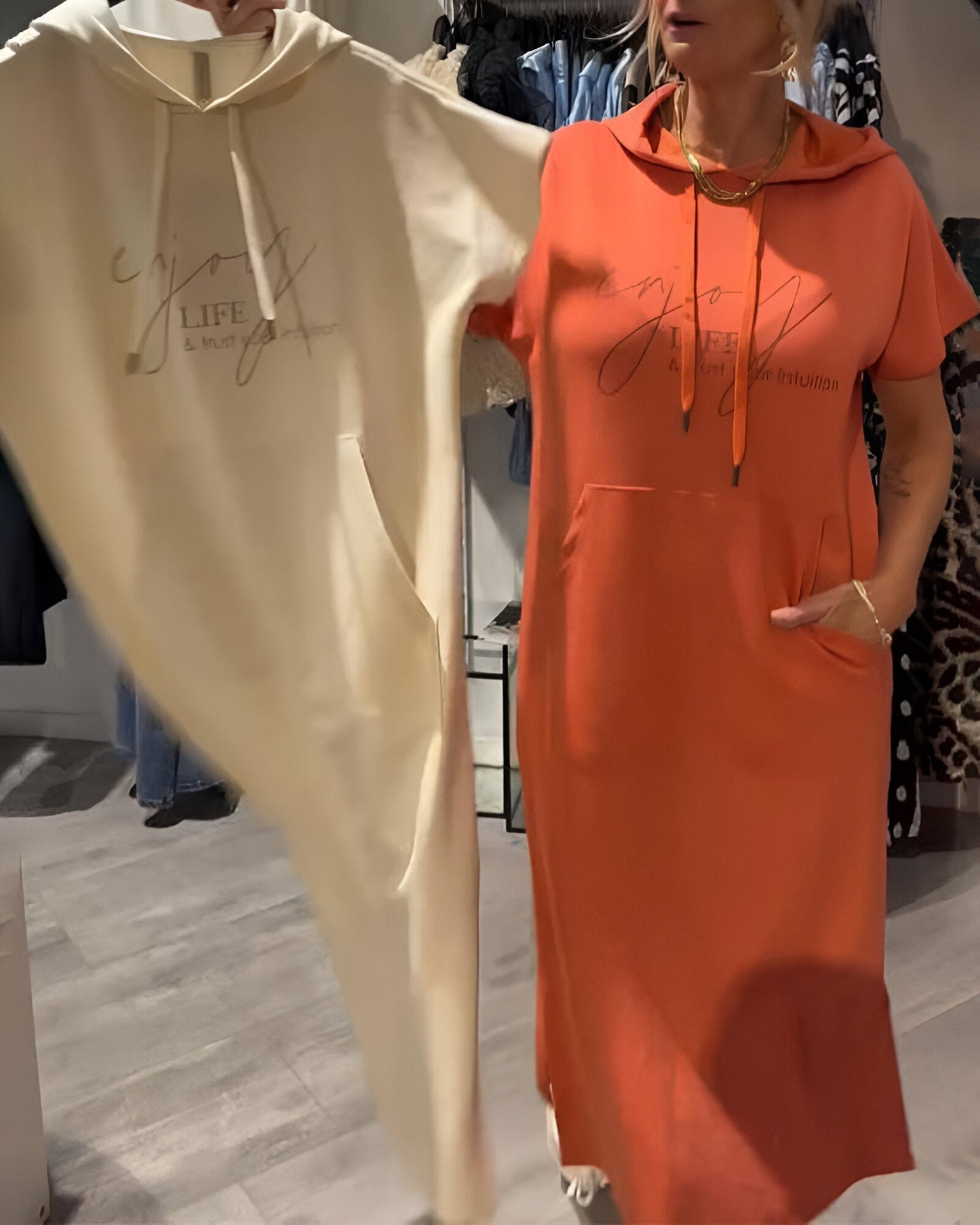 Comfortable Orange Hoodie Midi Dress for Women with Drawstring Hood Short Sleeve Kangaroo Pocket Relaxed Style