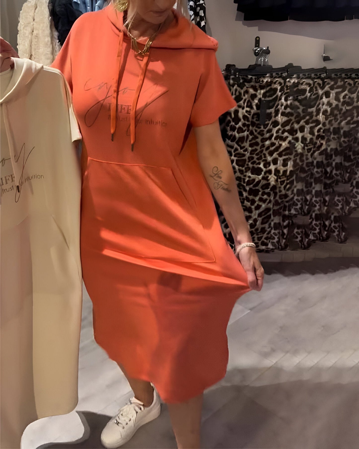 Comfortable Orange Hoodie Midi Dress for Women with Drawstring Hood Short Sleeve Kangaroo Pocket Relaxed Style
