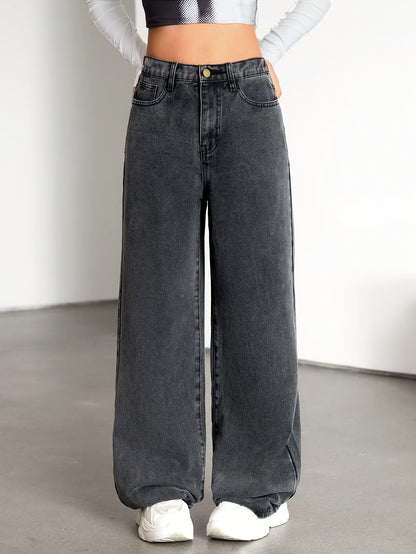 Relaxed Grey Wide Leg Jeans for Women with High Waist Flowing Loose Fit Denim Style