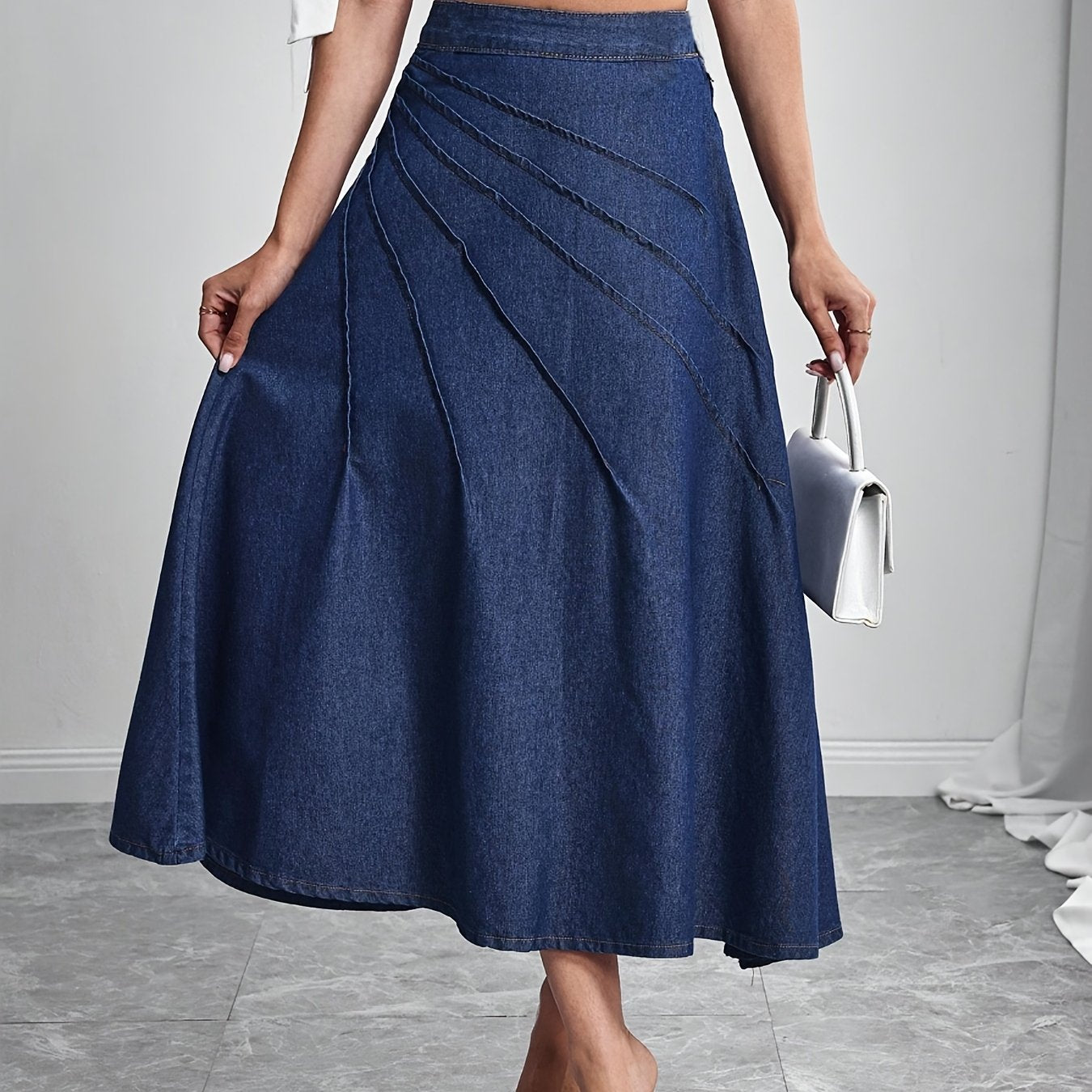 Elegant Deep Blue Denim Maxi Skirt for Women with Pleated A Line Flowing Style