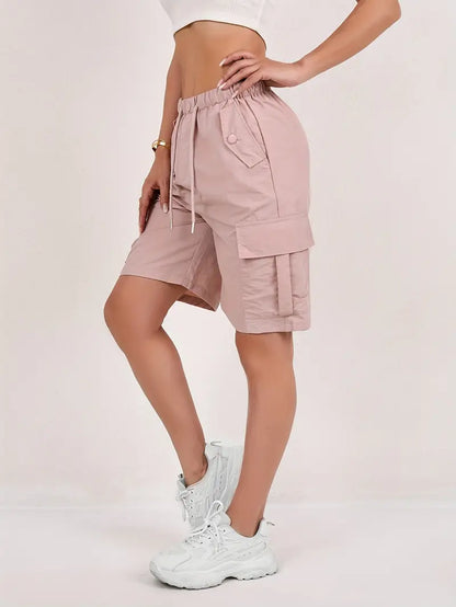 Effortless Pink Cargo Shorts for Women with High Waist Drawstring Button Pocket Relaxed Casual Style