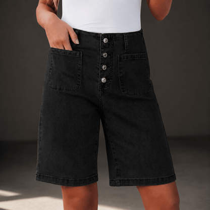 Effortless Denim Bermuda Shorts for Women with High Waist Button Front Patch Pocket Relaxed Casual Style