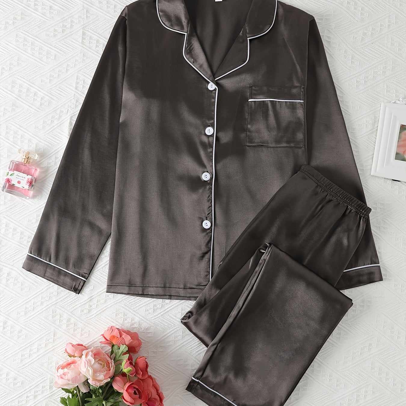 Comfortable Satin Pajamas for Women with Collar Button Front Piping Trim