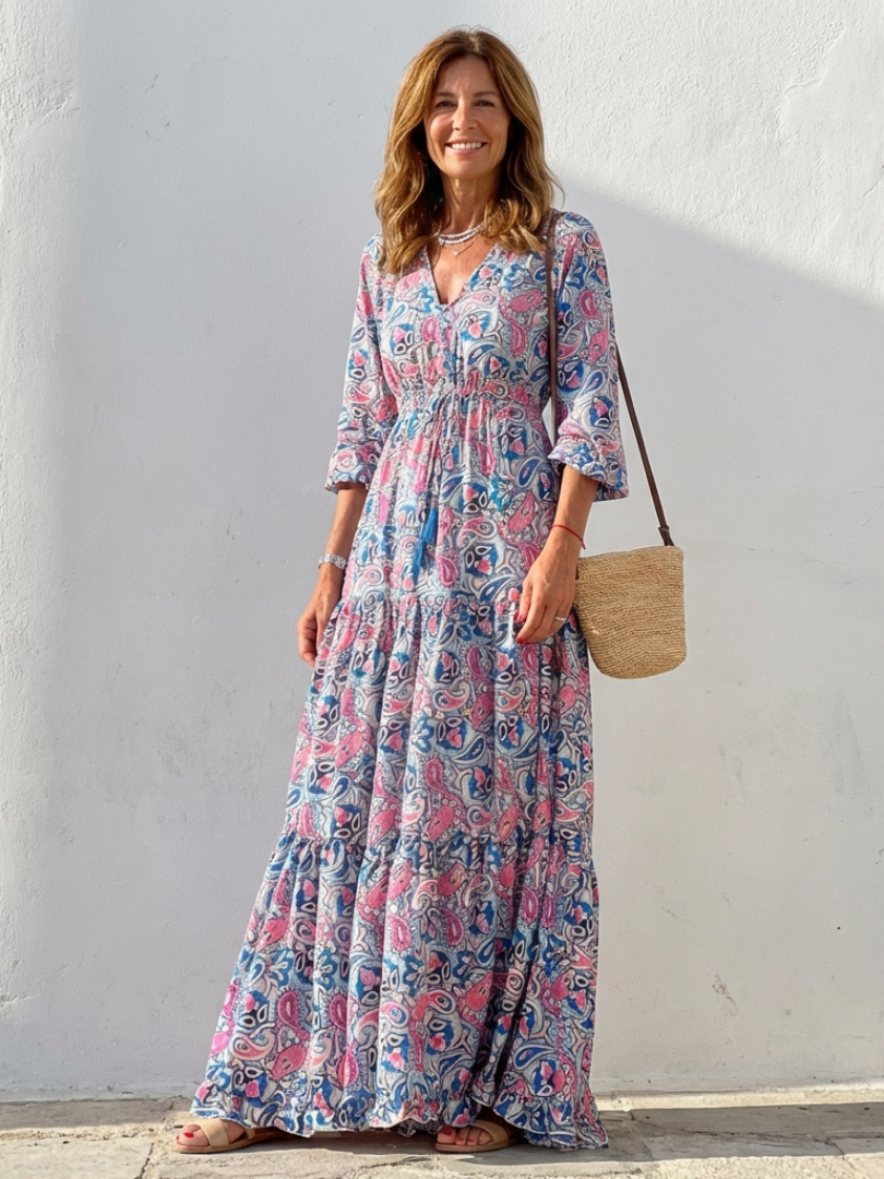 Effortless Paisley Print Long Sleeve Dress for Women with V Neck Tiered Ruffle Bohemian Style