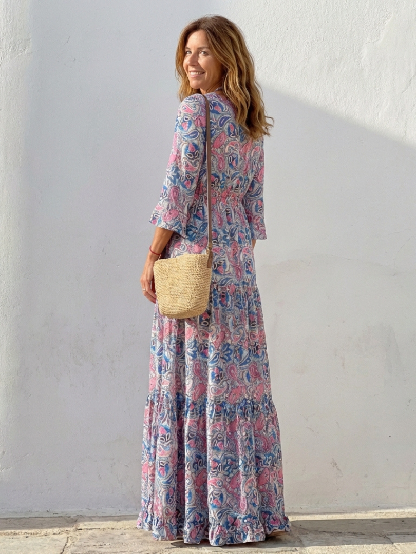 Effortless Paisley Print Long Sleeve Dress for Women with V Neck Tiered Ruffle Bohemian Style