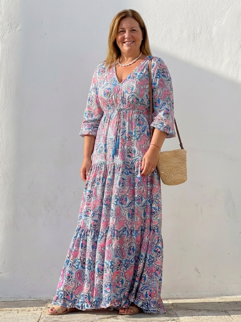 Effortless Paisley Print Long Sleeve Dress for Women with V Neck Tiered Ruffle Bohemian Style