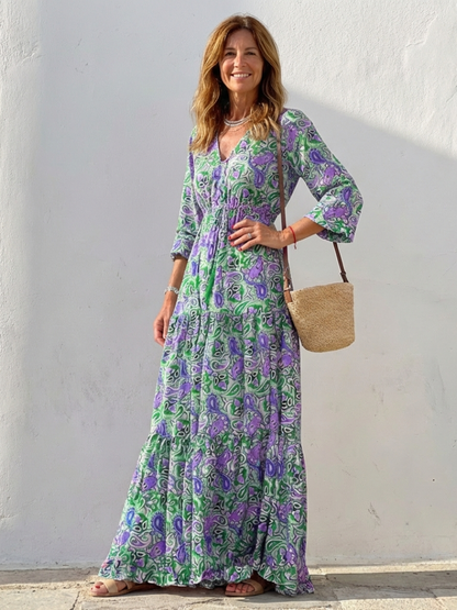 Effortless Paisley Print Long Sleeve Dress for Women with V Neck Tiered Ruffle Bohemian Style