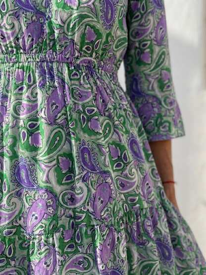 Effortless Paisley Print Long Sleeve Dress for Women with V Neck Tiered Ruffle Bohemian Style