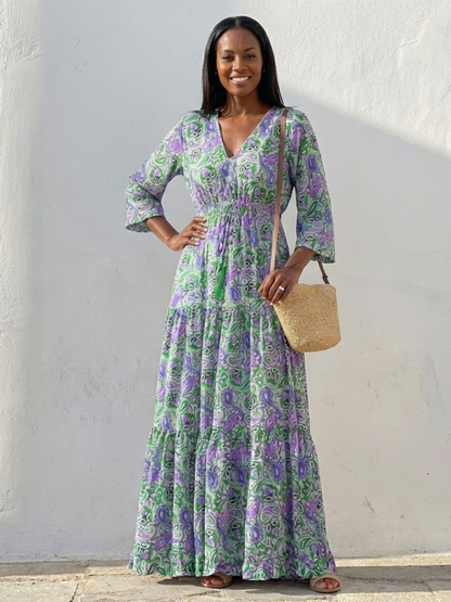 Effortless Paisley Print Long Sleeve Dress for Women with V Neck Tiered Ruffle Bohemian Style
