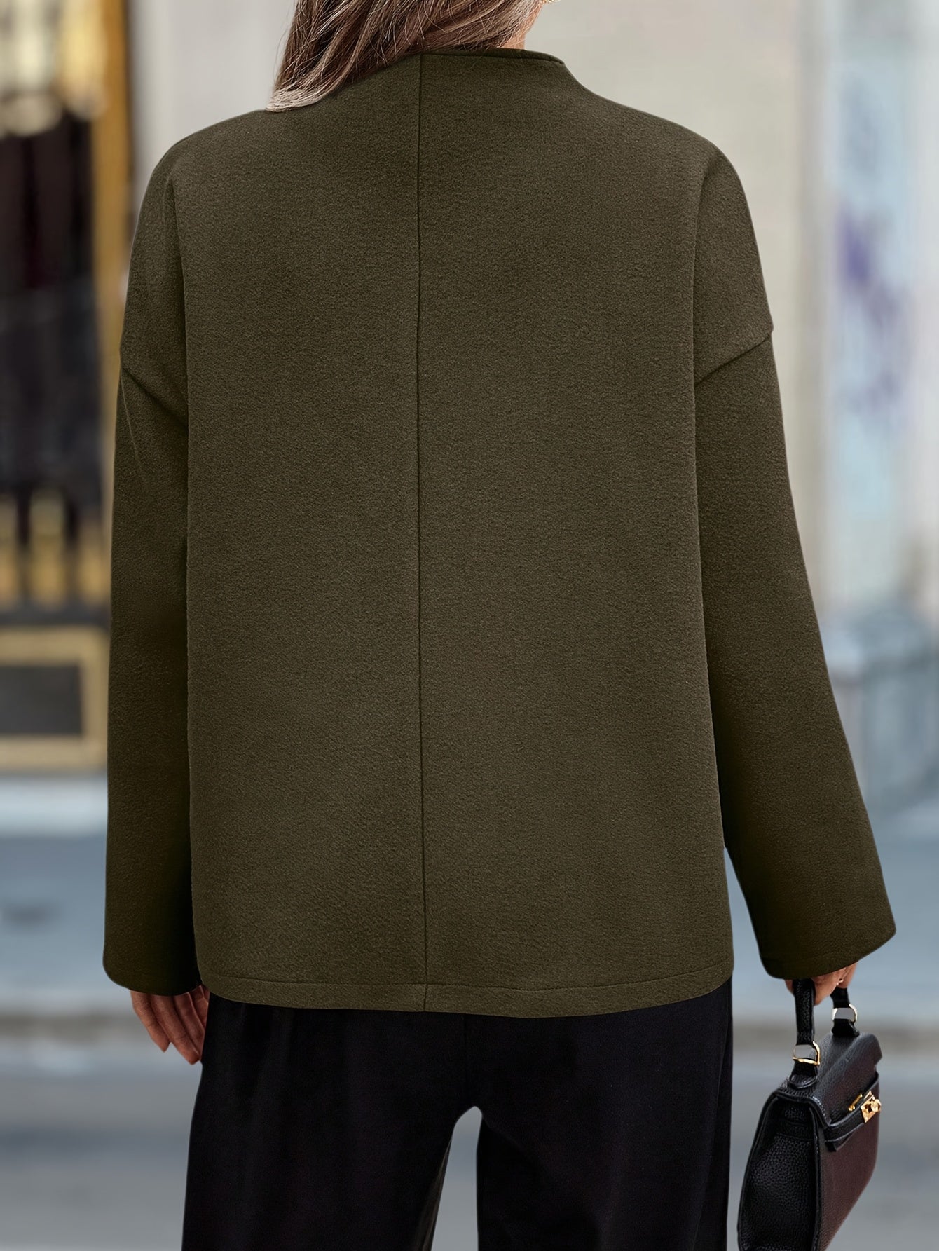 Elegant Dark Green Pea Coat for Women with Stand Collar Long Sleeve Double Breasted Relaxed Style