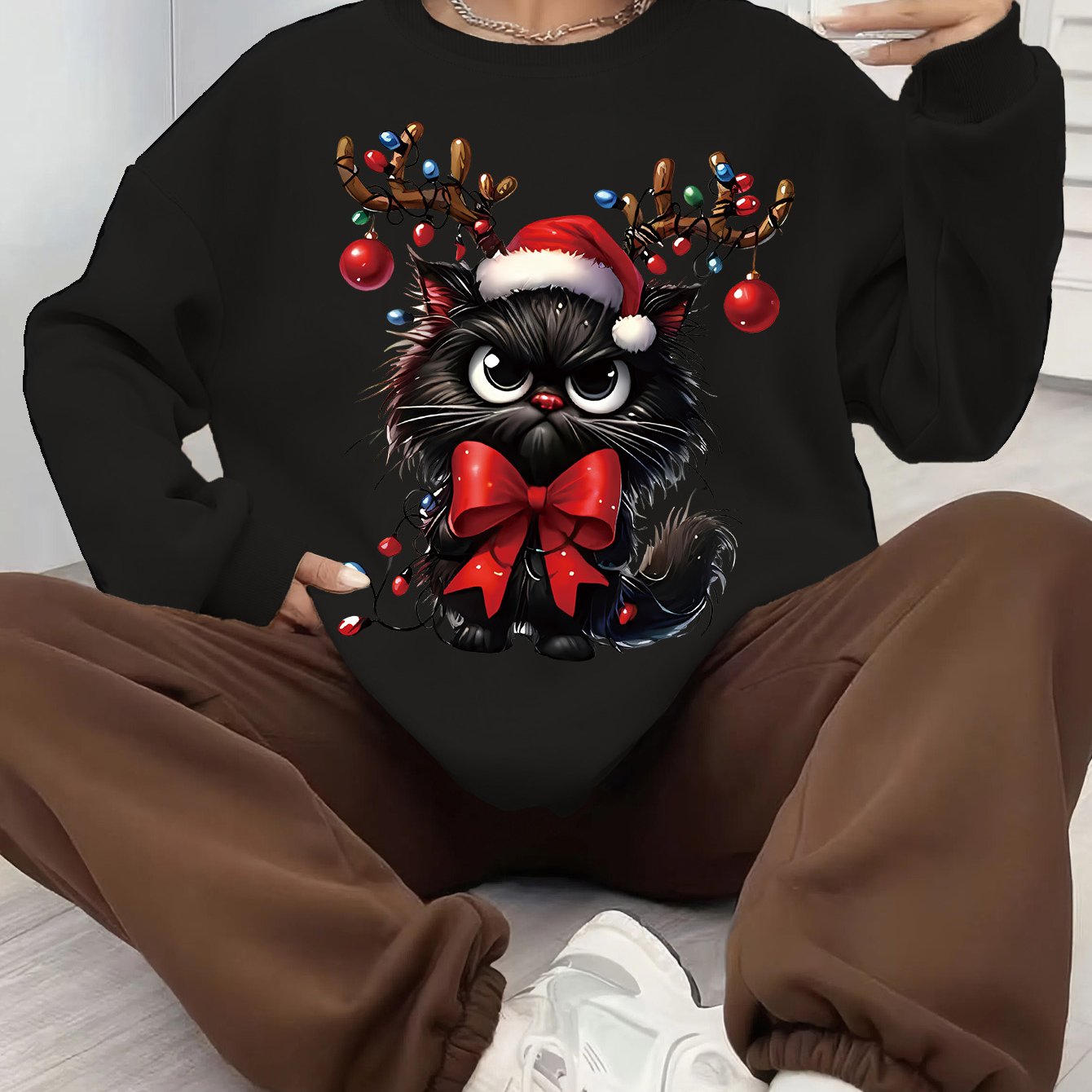 Comfortable Christmas Tacky Sweater for Women with Crew Neck Long Sleeve Cat Graphic Oversized Knit Style