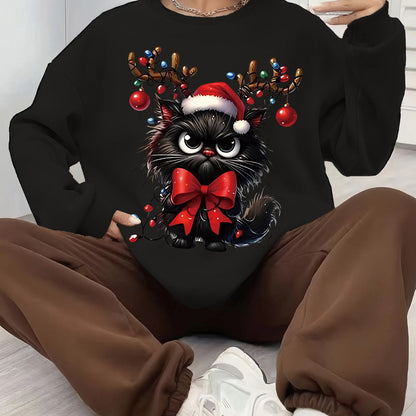 Comfortable Christmas Tacky Sweater for Women with Crew Neck Long Sleeve Cat Graphic Oversized Knit Style