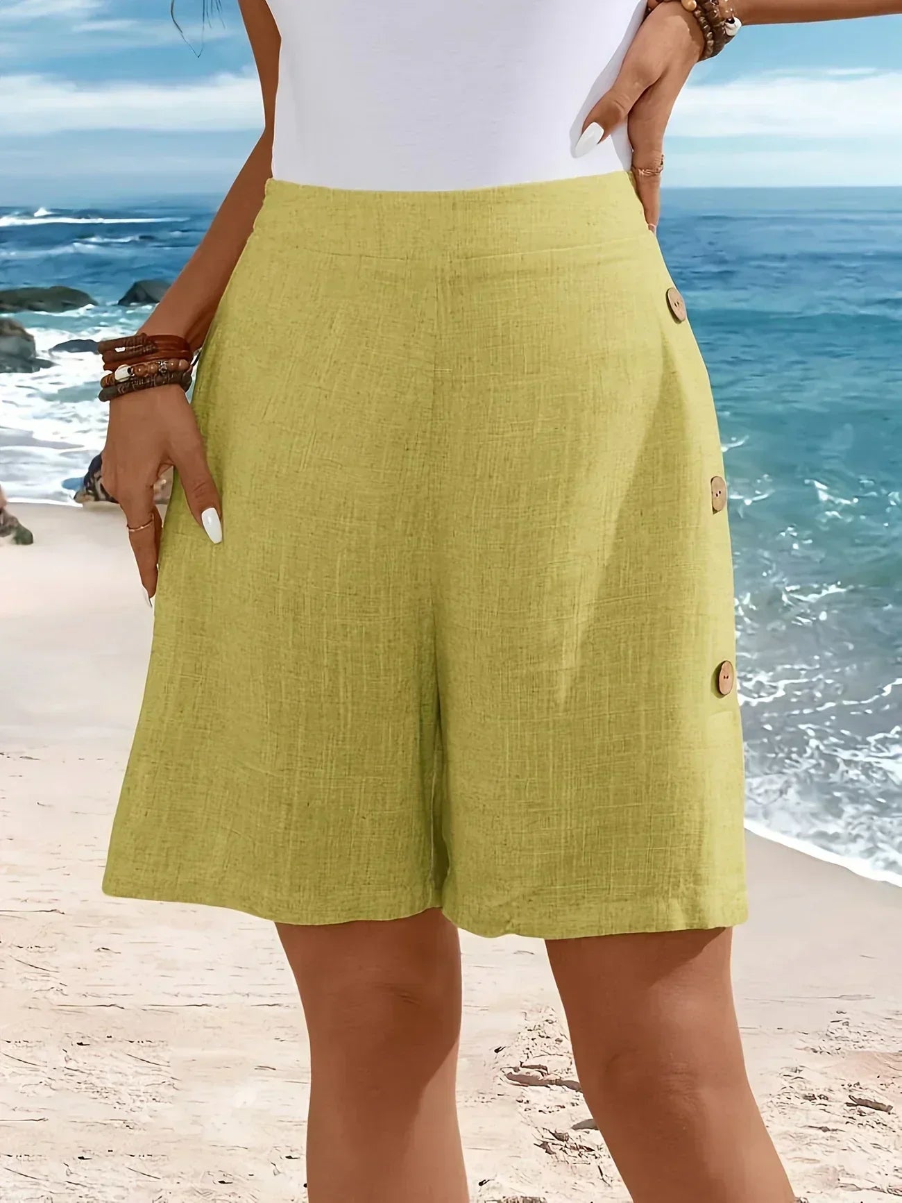 Effortless Linen Shorts for Women with High Waist Button Front Relaxed Bermuda Style