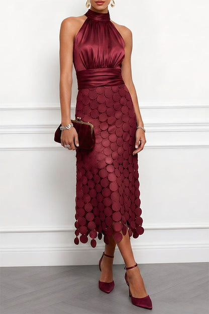 Elegant Satin Circle Cutout Midi Dress for Women with Halter Neck Sleeveless Ruched Waist Autumn Wedding Guest Style