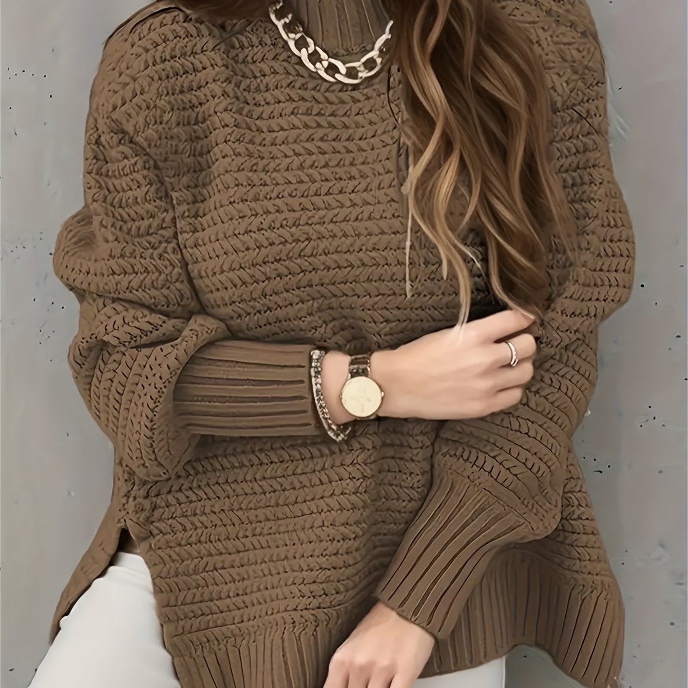 Comfortable Textured Knit Sweater for Women with Mock Neck Long Sleeve Ribbed Cuff Relaxed Oversized Style