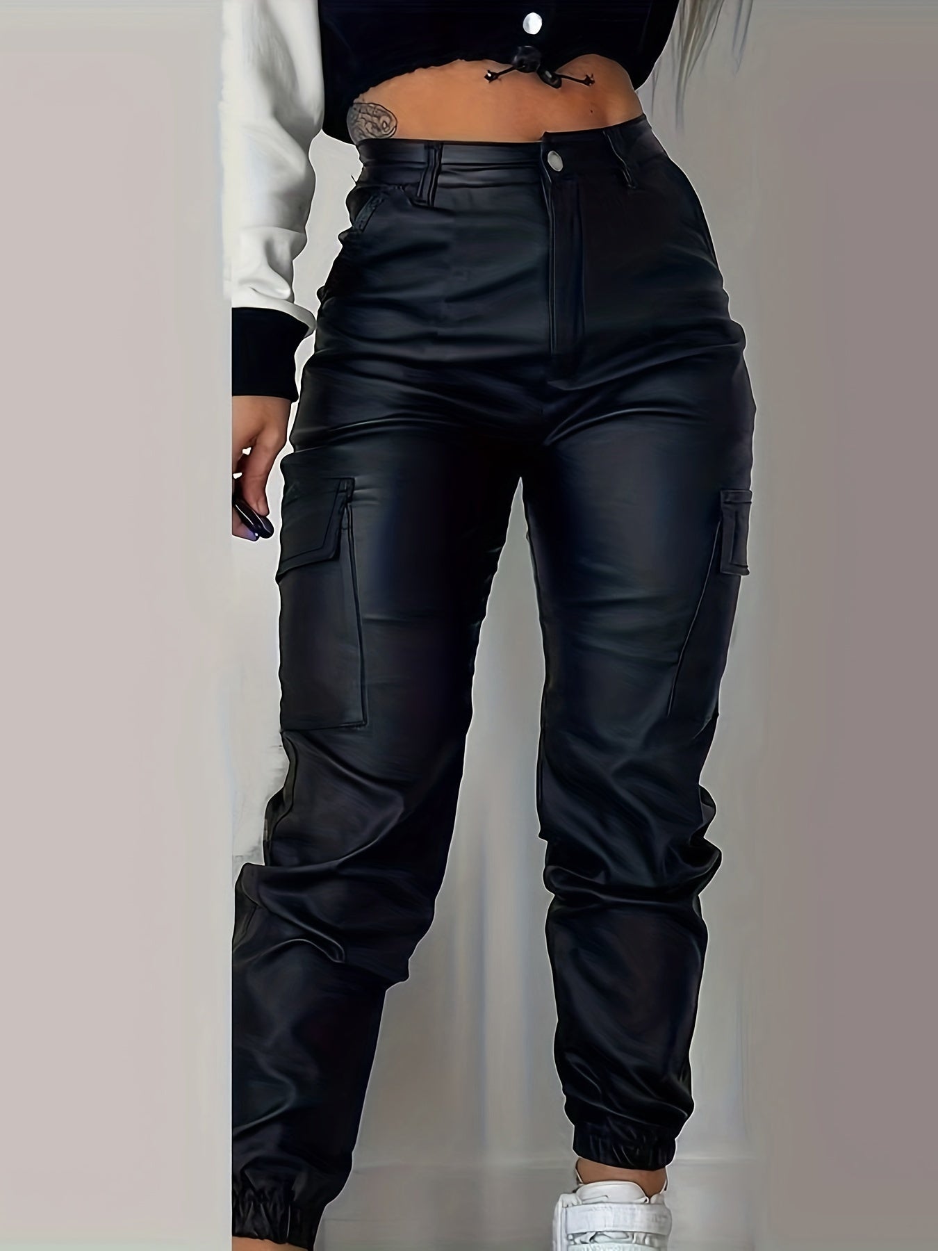 Effortless Black Leather Cargo Pants for Women with High Waist Jogger Fit Elastic Cuff Streetwear Style