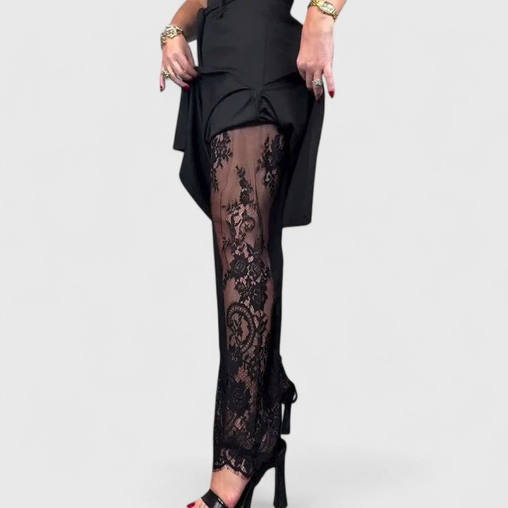 Elegant Black Wide Leg Pants for Women with High Waist Lace Trim Belted Slit Flowing Style