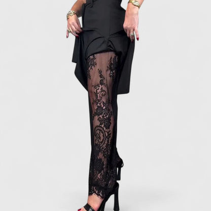 Elegant Black Wide Leg Pants for Women with High Waist Lace Trim Belted Slit Flowing Style