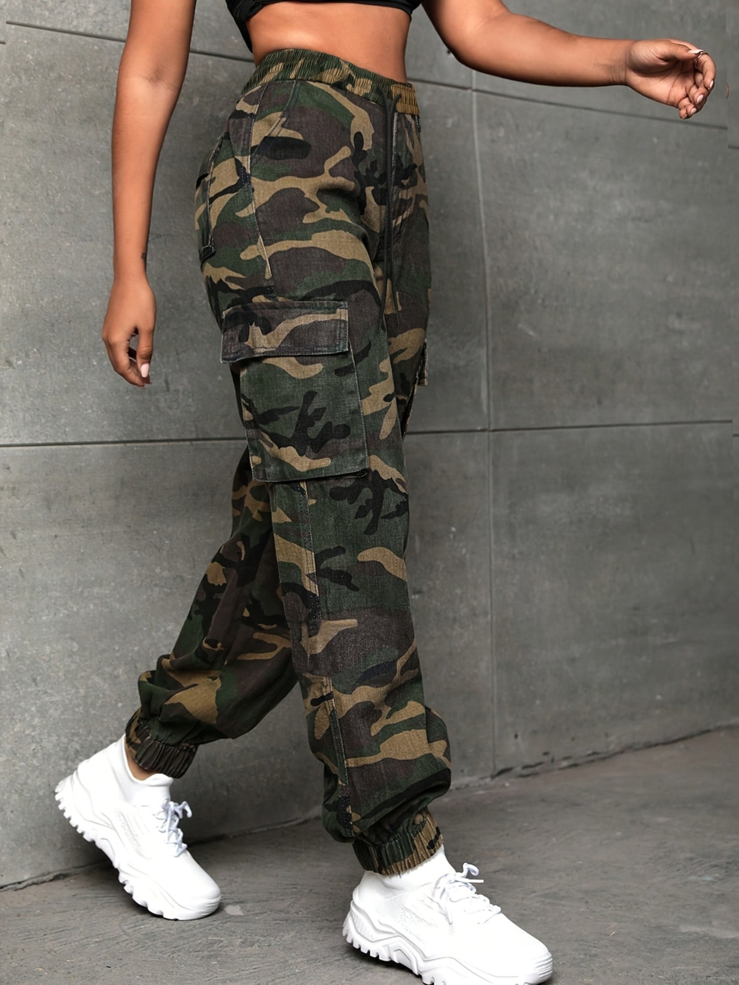 Effortless Camo Cargo Pants for Women with Elastic Cuff Utility Pockets Relaxed Fit