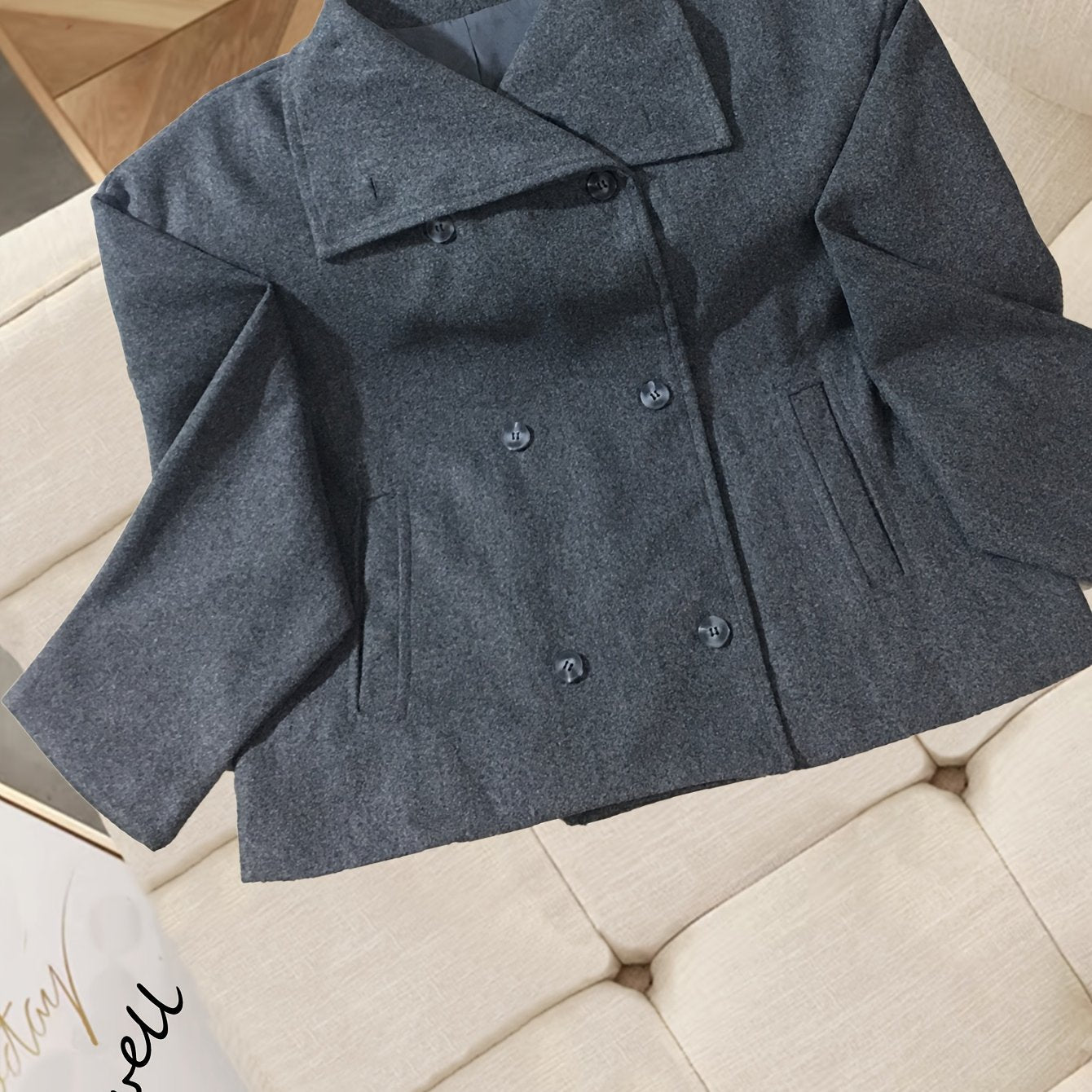 Elegant Wool Pea Coat for Women with Notch Lapel Long Sleeve Double Breasted Cropped Style