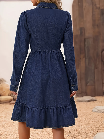 Effortless Blue Denim Dress for Women with Collar Elbow Sleeve Button Front Ruffle Midi Style