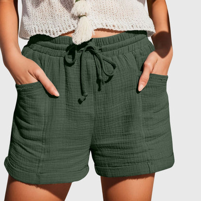 Effortless Khaki Cotton Gauze Shorts for Women with High Waist Drawstring Cuffed Relaxed Casual Style
