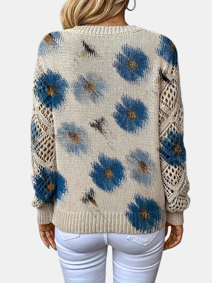 Comfortable Floral Crochet Sweater for Women with V Neck Long Sleeve Oversized Knit Style