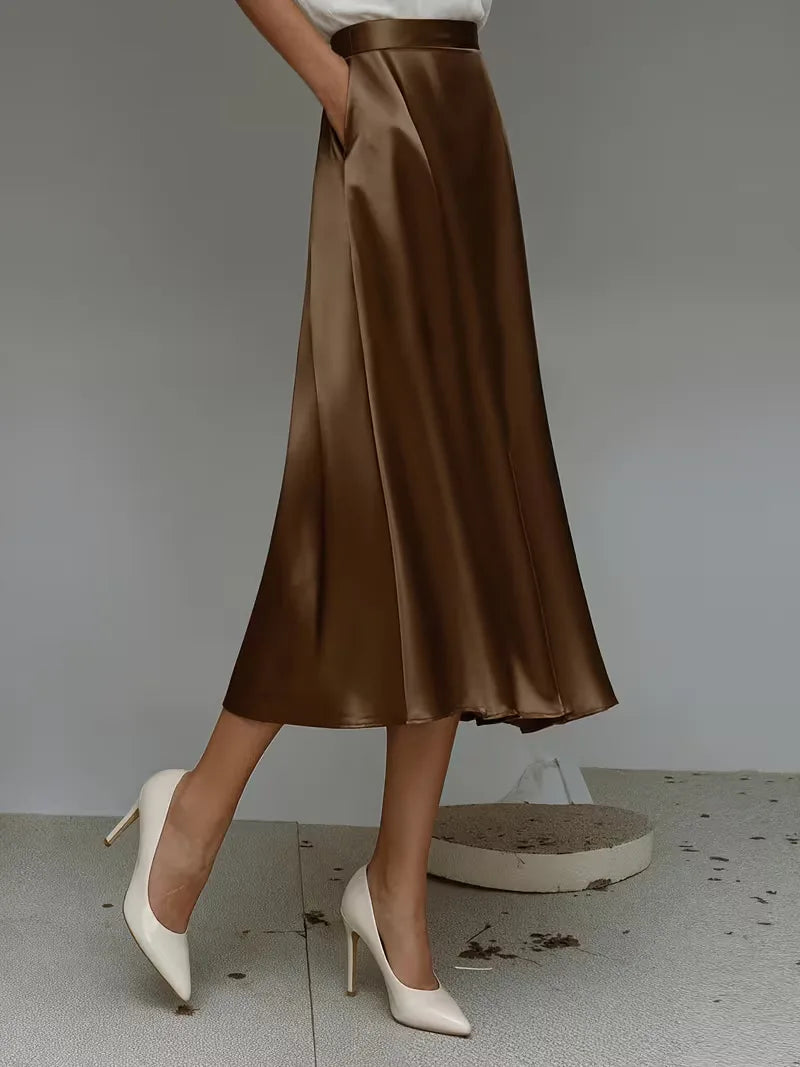 Elegant Satin Midi Skirt for Women with High Waist A Line Pocket Flowing Style