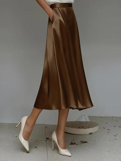 Elegant Satin Midi Skirt for Women with High Waist A Line Pocket Flowing Style