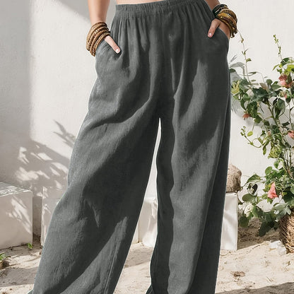 Effortless Linen Wide Leg Pants for Women with High Waist Pocket Flowing Relaxed Casual Style