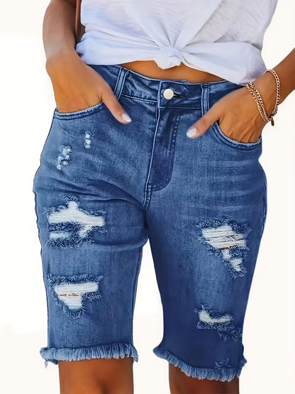 Stylish Denim Shorts for Women with High Waist Ripped Raw Hem Fringe Slim Fit Casual Style