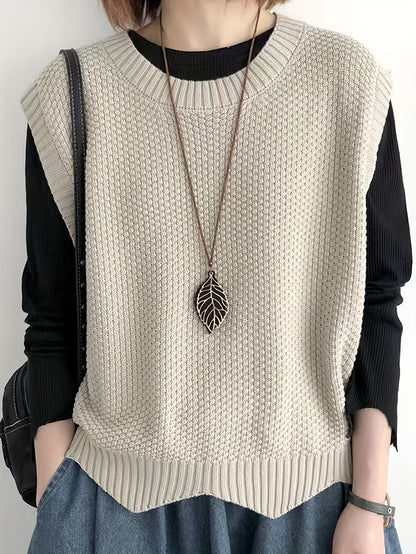 Comfortable Chunky Knit Sweater Vest for Women with Crew Neck Sleeveless Ribbed Trim Relaxed Oversized Style