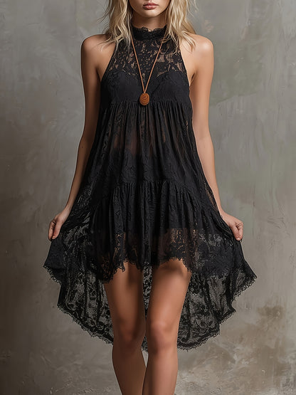 Elegant Little Black Dress for Women with Halter Neck Lace Overlay Sleeveless Hi Low Hem Casual Style